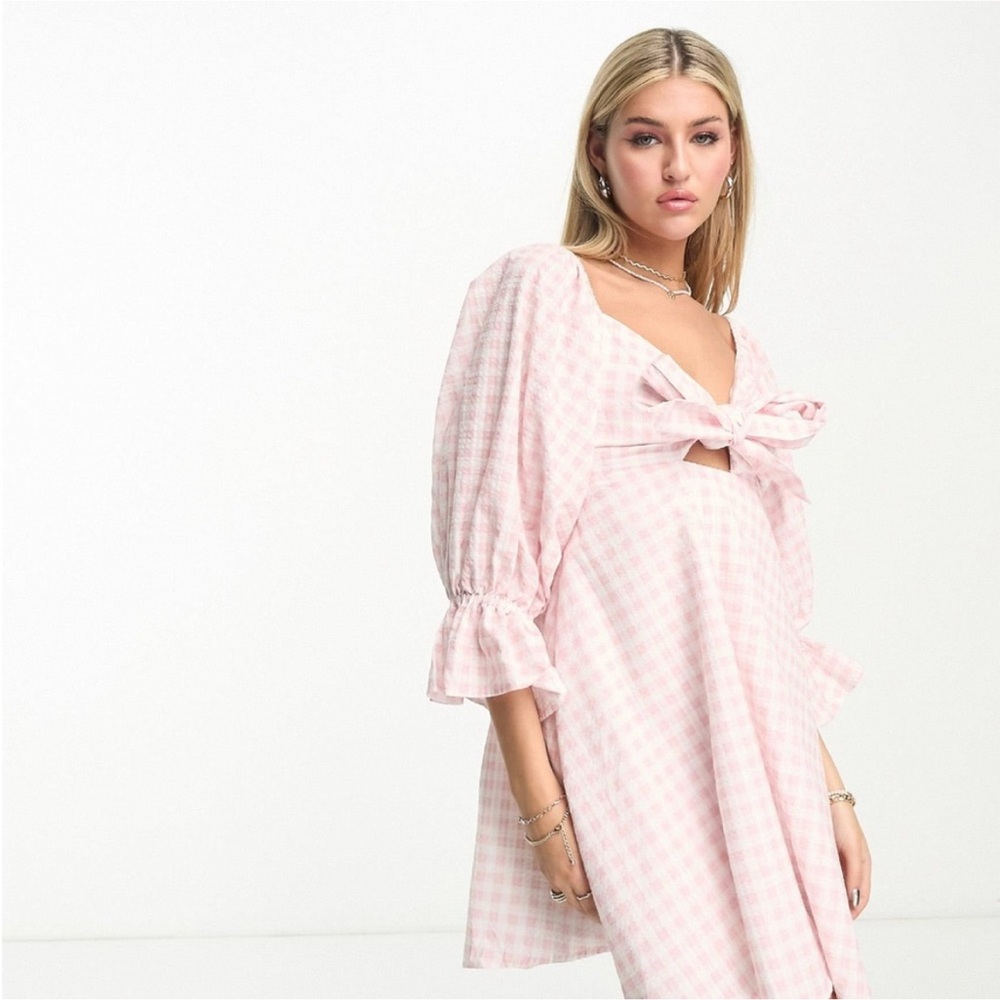 Anthropologie Pink Gingham Dress with Bow Detail